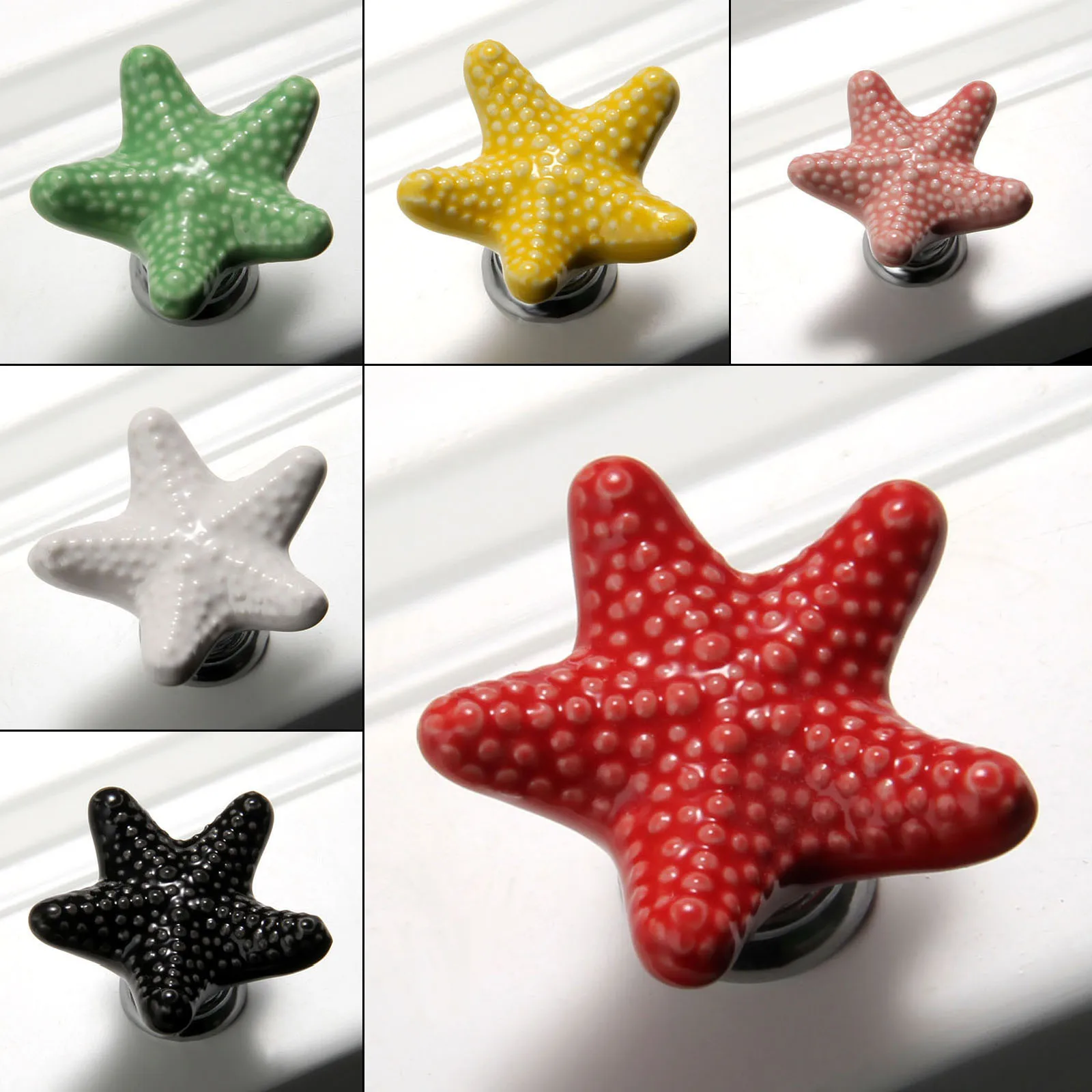 Furniture Knobs 1pc Ceramic Starfish Knob w/screw Granular Texture Handle Colorful Five-Star Pull Drawer Cabinet Kitchen Furniture Decor Home