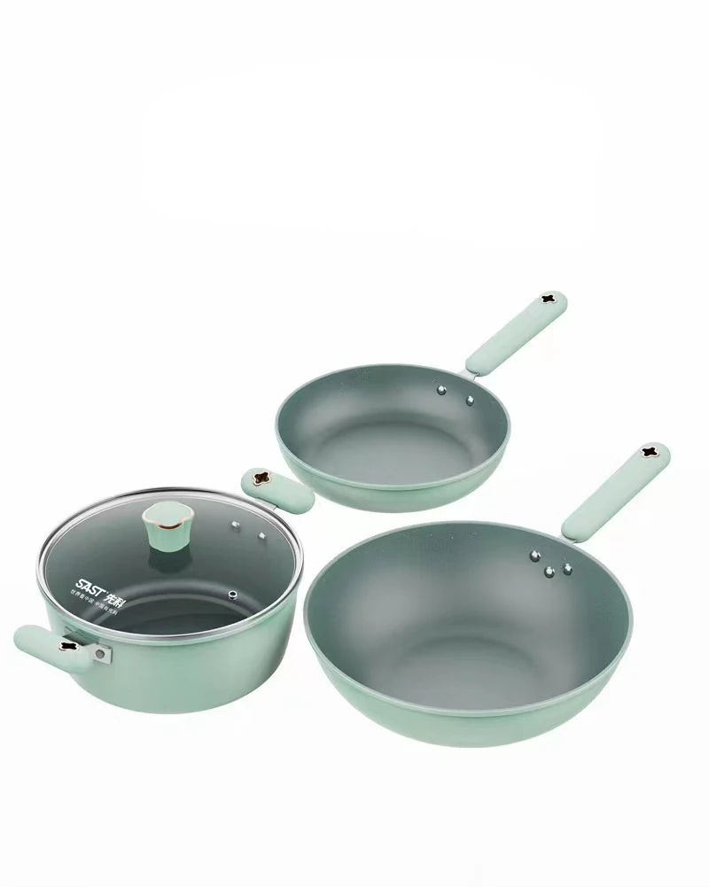 

Multi functional wheat slate non stick three piece cooking pot set Household stainless steel soup pot frying pan cookware set