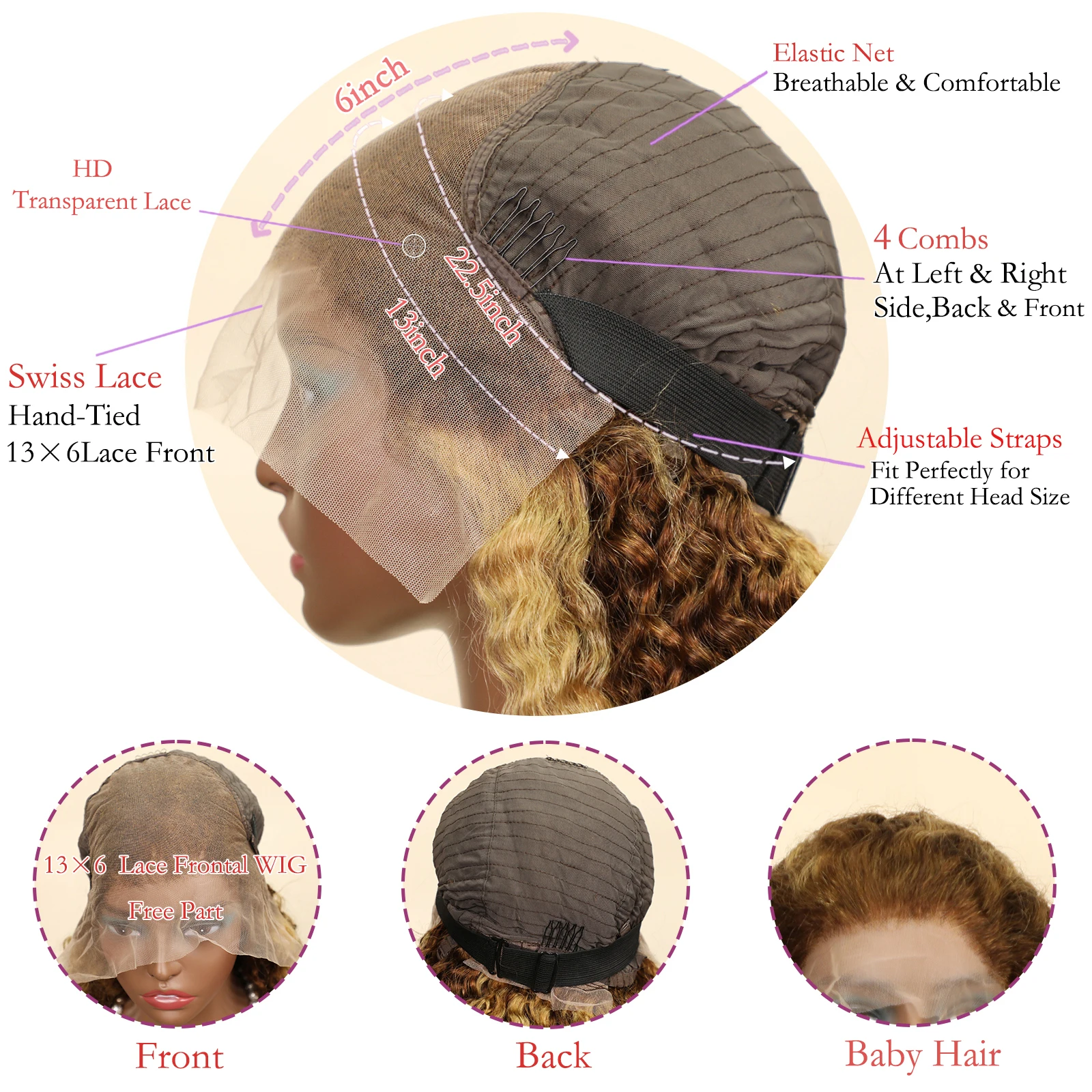 13x6 Brown Ombe Lace Front Wig 22-24 inches Reddish Brown Lace Front Human Hair Wig - Auburn 13x6 HD  main image 2
