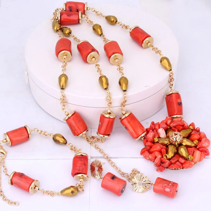 

Newest Dudo 38 Inches Long Jewelry Nigerian Wedding beads Set Nature Orange Coral Beads Jewellery Set 2022 Fashion Handmade