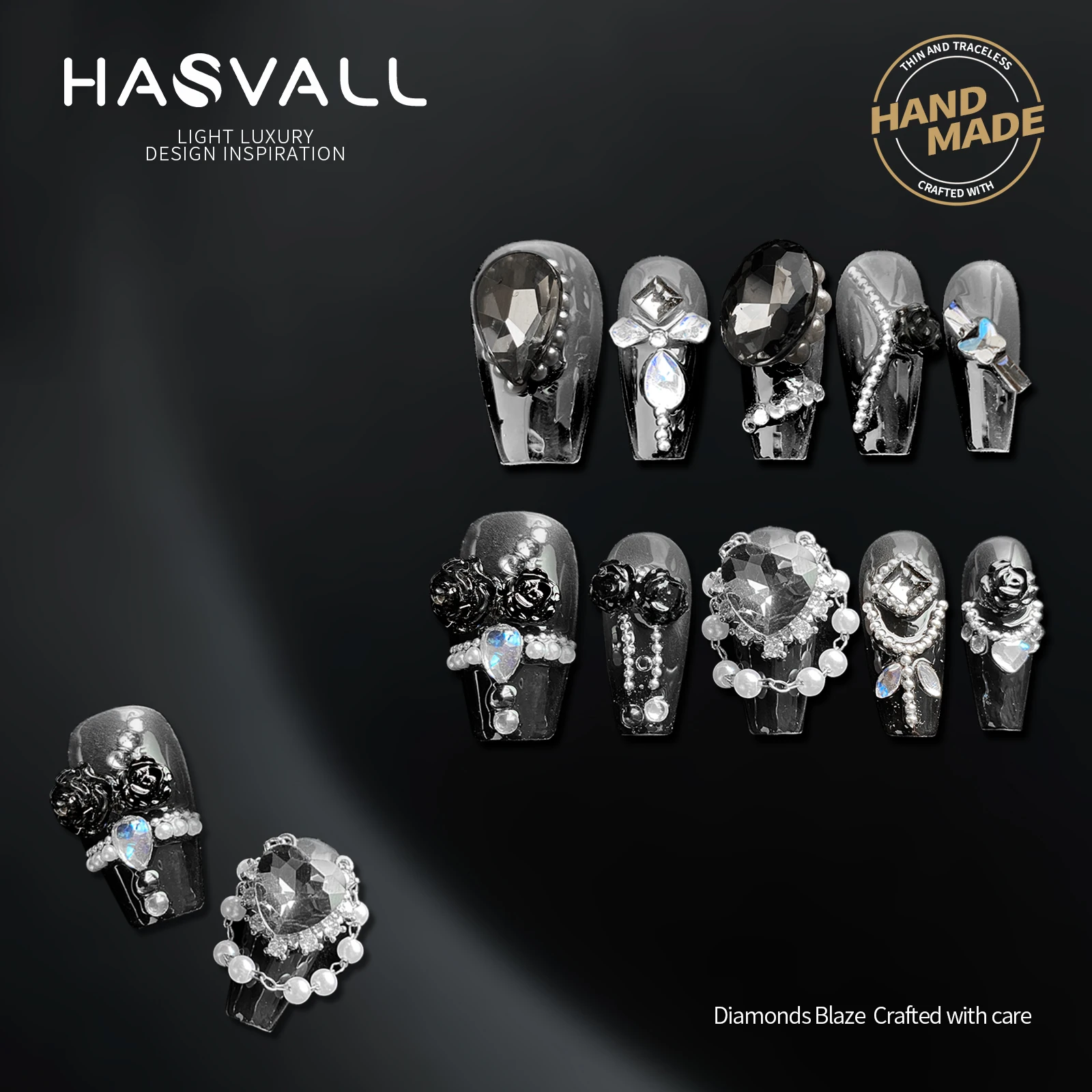 

HASVALL 3D Handmade Medium Coffin Dark Rose Press on Nails Luxury Flower French Y2K False Nail Tips Salon Quality Nail Art 10PCS