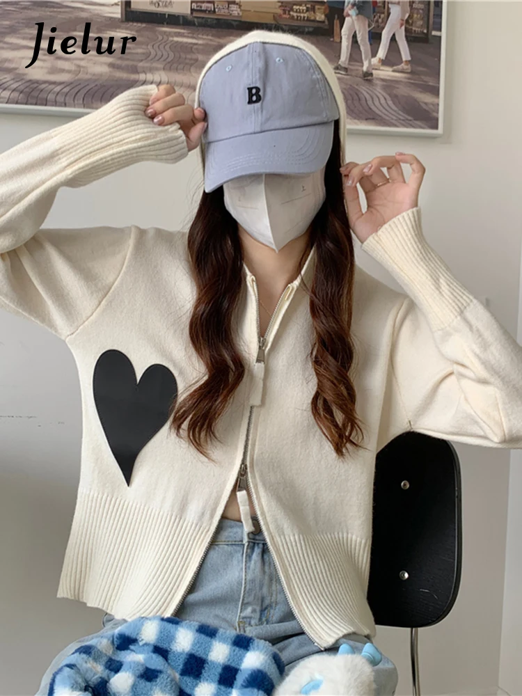 

Свитера на молнии, черные, бежевые, серые, Женская куртка, облегающий короткий вязаный кардиган с сердечками, Женский Осенний мягкий кардиган с капюшоном