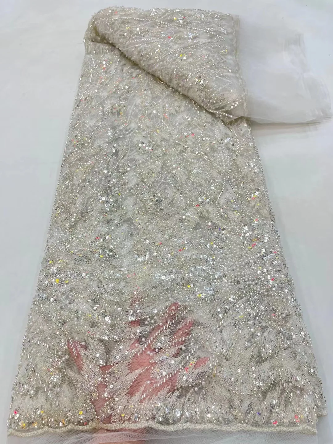 

Classic Africa Heavy Handmade Sequin Lace Fabric Nigeria Luxury Beaded With Peral Tulle Fabric For Bridal Birthday Party Dresses