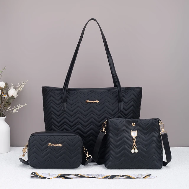 Daily commuting large capacity wavy pattern tote bag handbag three piece set fashionable, trendy, personalized change camera bag
