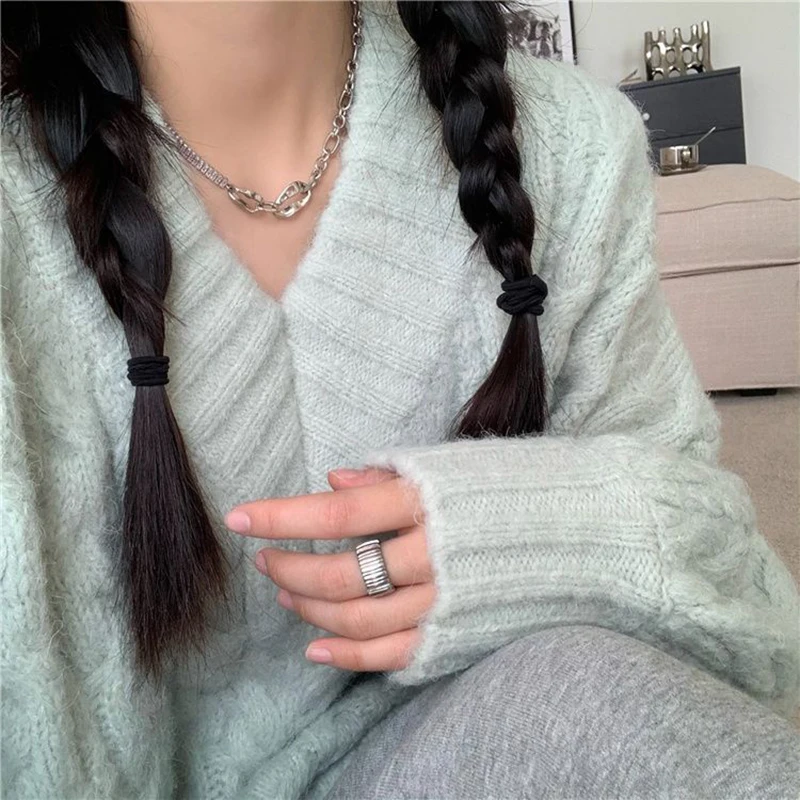 Oversized Sweater Women Fashion Preppy Pink V Neck Knitted Pullovers Harajuku Korean Long Sleeve Knitwear Winter Jumpers