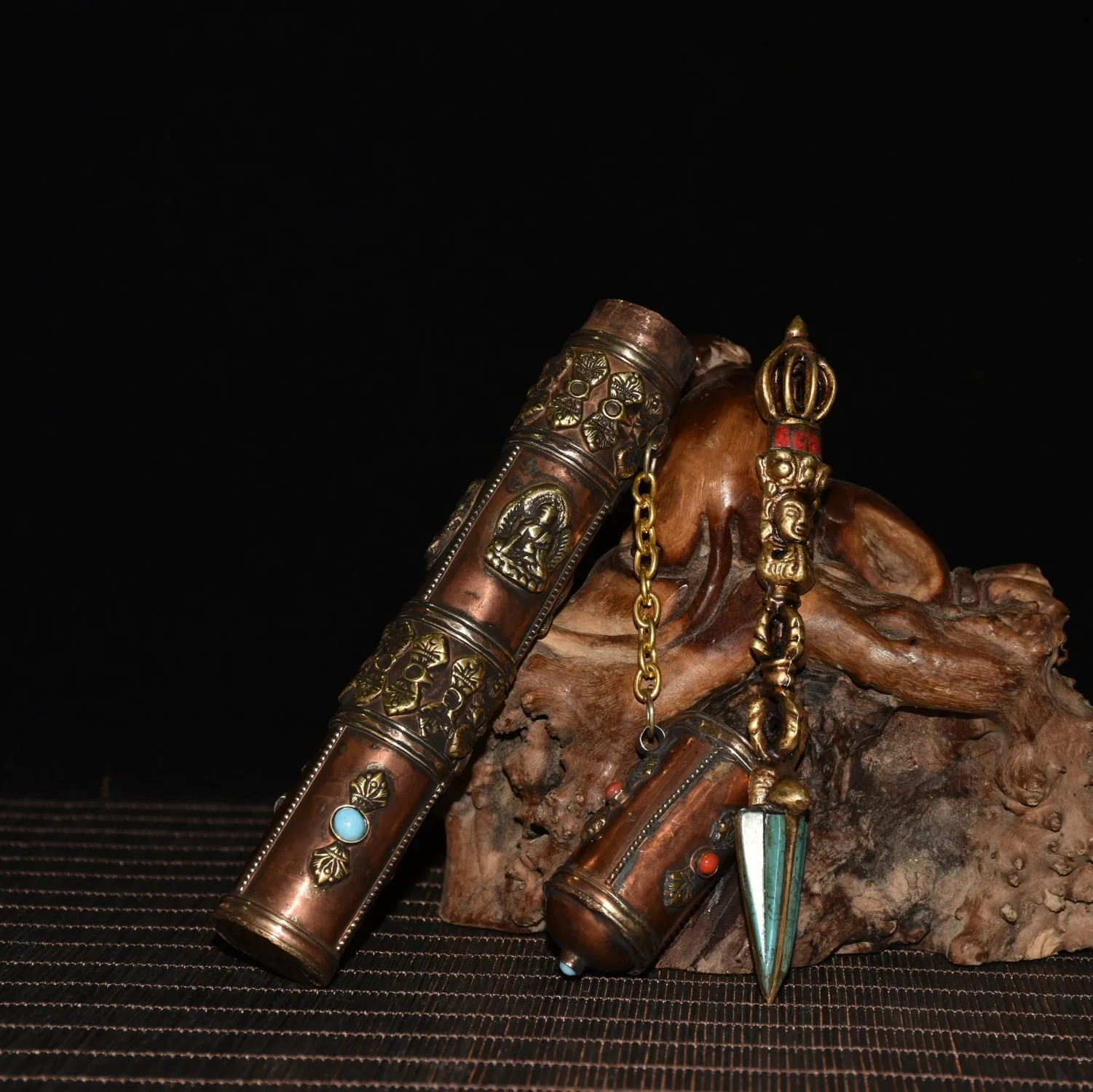 

Старая китайская тибетская буддийская Бирюзовая статуя пестика дорье фжурпа Ваджра + коробка