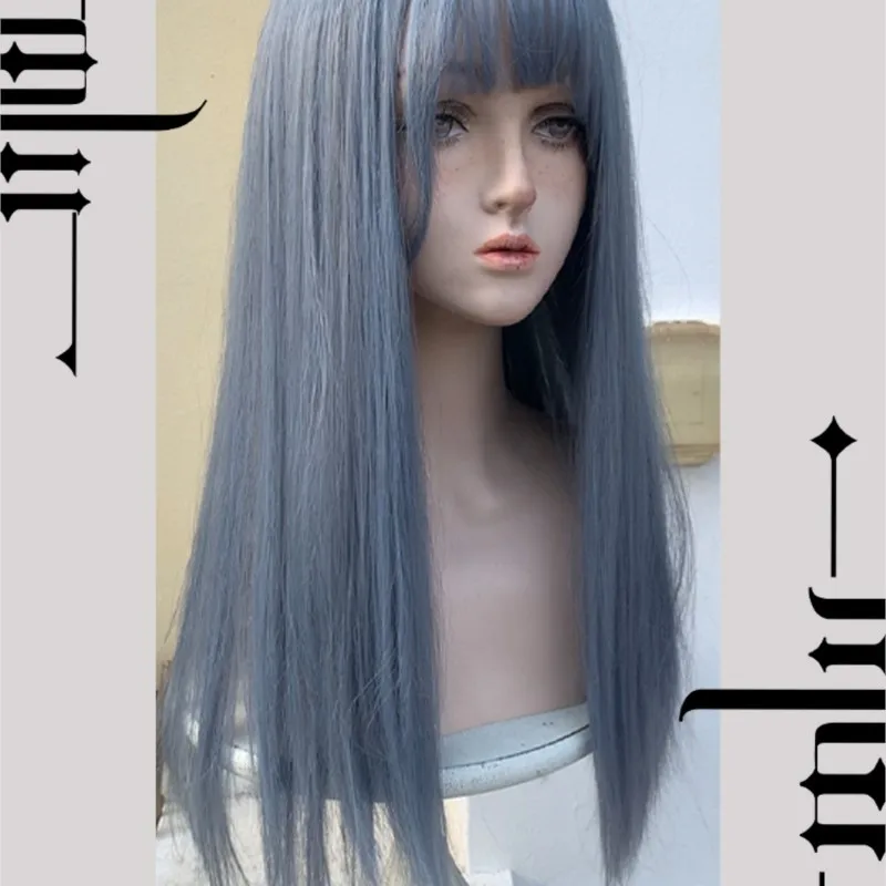 

Dark Gothic Style Punk Lolita Blue Bangs Matte Daily Straight Hair Wig for Women Realistic Wigs