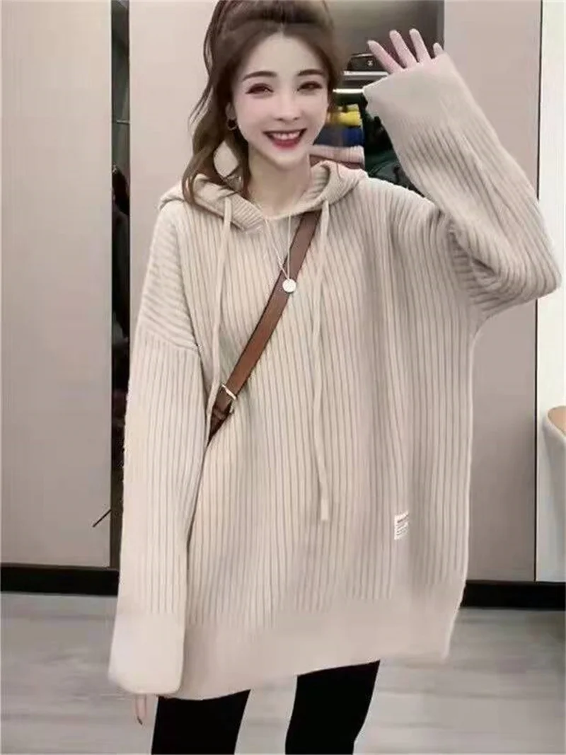 The New Fashion Solid Color Hooded Pullover Knit Sweater For Autumn/winter 2023 Women\'s Loose Medium Long And Thick Women\'s Wear