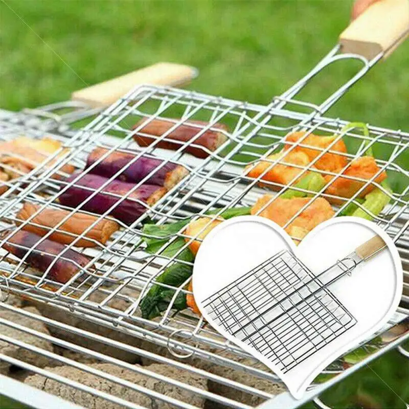 Folding Grilling Basket Outdoor Camping BBQ Stainless Steel Grill Rack Foldable Seafood Steak Vegetables Barbecue Cooking Tool