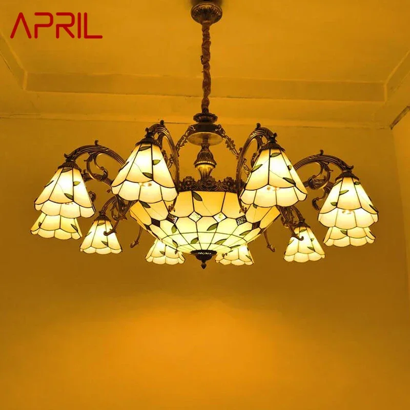 

APRIL Tiffany European Living Room Pendant Lamp Pastoral Vintage Color Glass restaurant Bedroom Hotel Chandelier