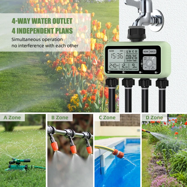 Digital 4 Outlets Watering Timer Auto/Manual Irrigator Drip Sprinkler Independent Control Water Valve for Garden Outdoor Yard 2