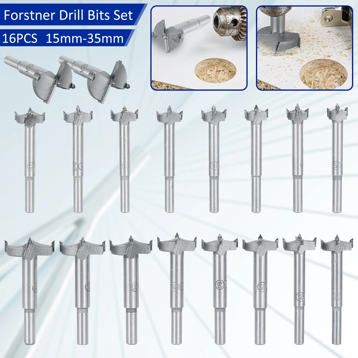 

16Pcs Forstner Drill Bits Set 15-35mm Wood Drill Bits Set Carbide Woodworking Hole Opener with Round Shank Flat Wing Drilling