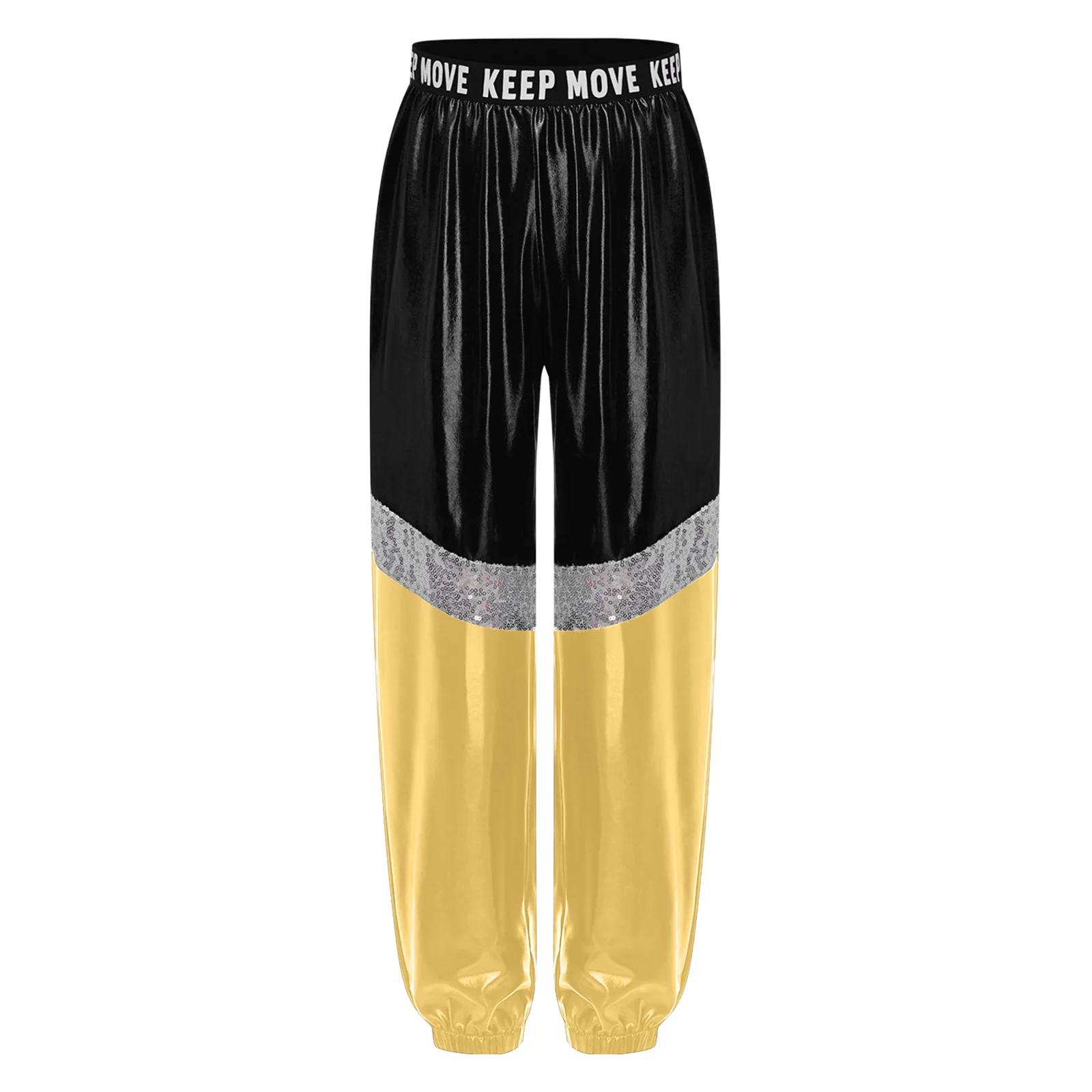 Kinder Mädchen Disco Hip Hop Jazz Tanzkostüm Hose Buchstabendruck Elastischer Bund Funkelnde Pailletten Farbblock Metallic-Hose – Detail 11
