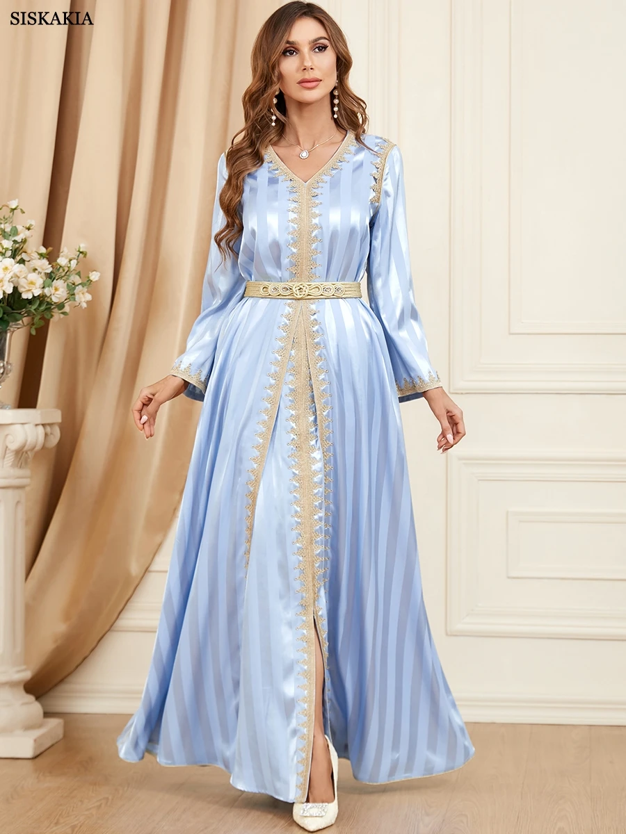 siskakia-ensemble-caftan-en-satin-2-pieces-pour-ramadan-abaya-musulmane-garniture-a-bande-solide-manches-longues-col-en-v-ceintures-elegantes-robes-turques-et-arabes