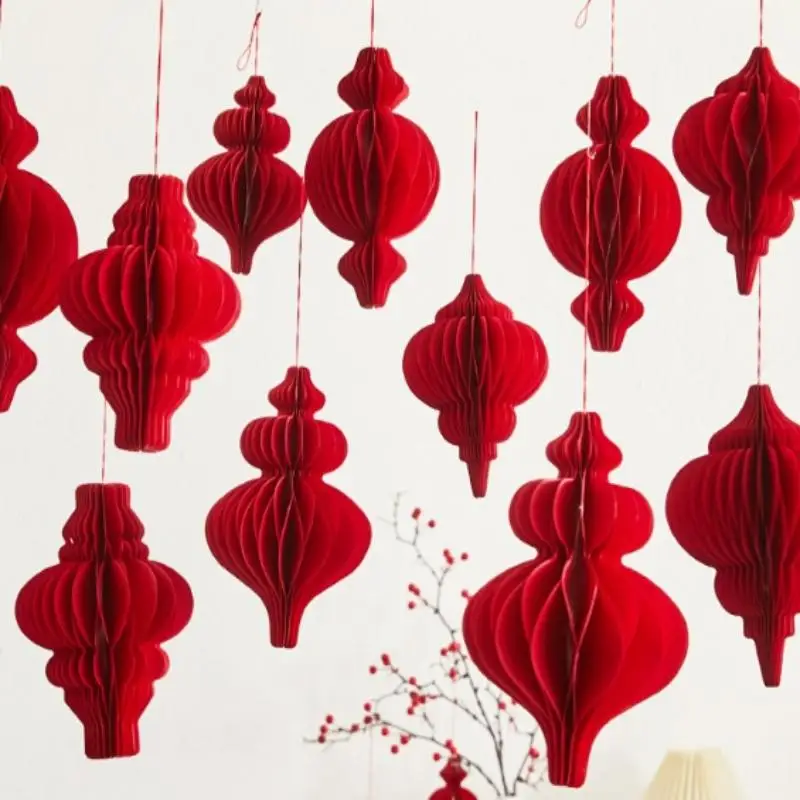 3D Honeycomb Christmas Balls 2026: Hanging Pendants and Red Paper Lantern Ornaments for Xmas Navidad Tree Decor