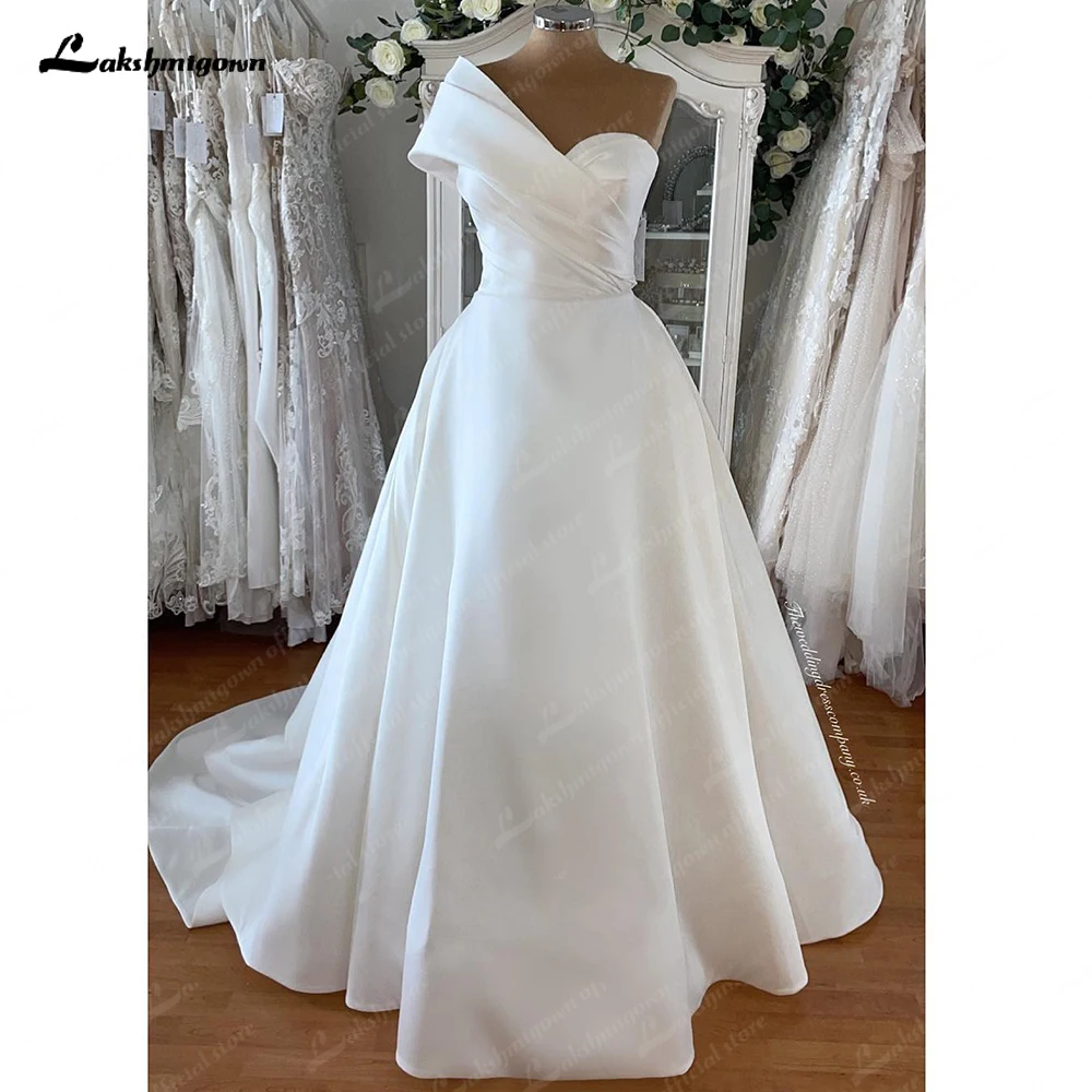 Lakshmigown One Shoulder Satin V-Neck A Line Wedding Dresses Court Train Bridal Gowns vestido de casamento 3