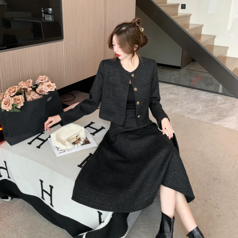 High Quality French Two Piece Set Women Tweed Solid Simple O-Neck Long Sleeve Jacket Coat+High Waist Skirt Suit  Autumn Clothes