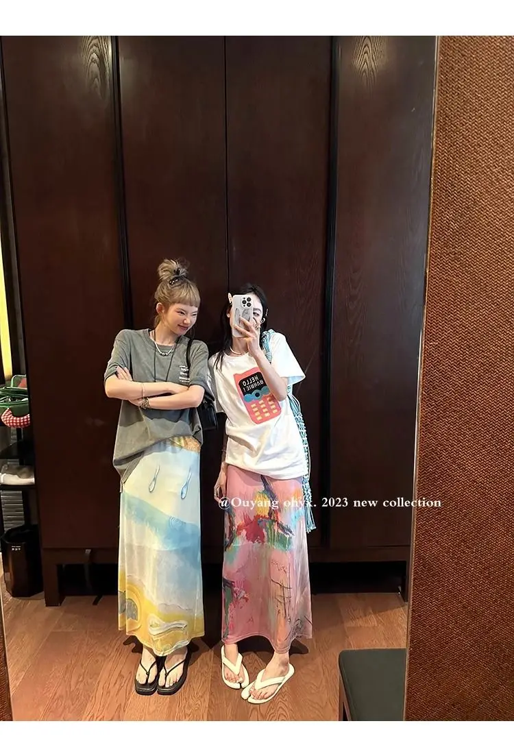 2025 Spring Autumn New Printed Half Length Skirt for Women's Summer High Waist Tulle Long Skirt Woman Split Straight Skirt