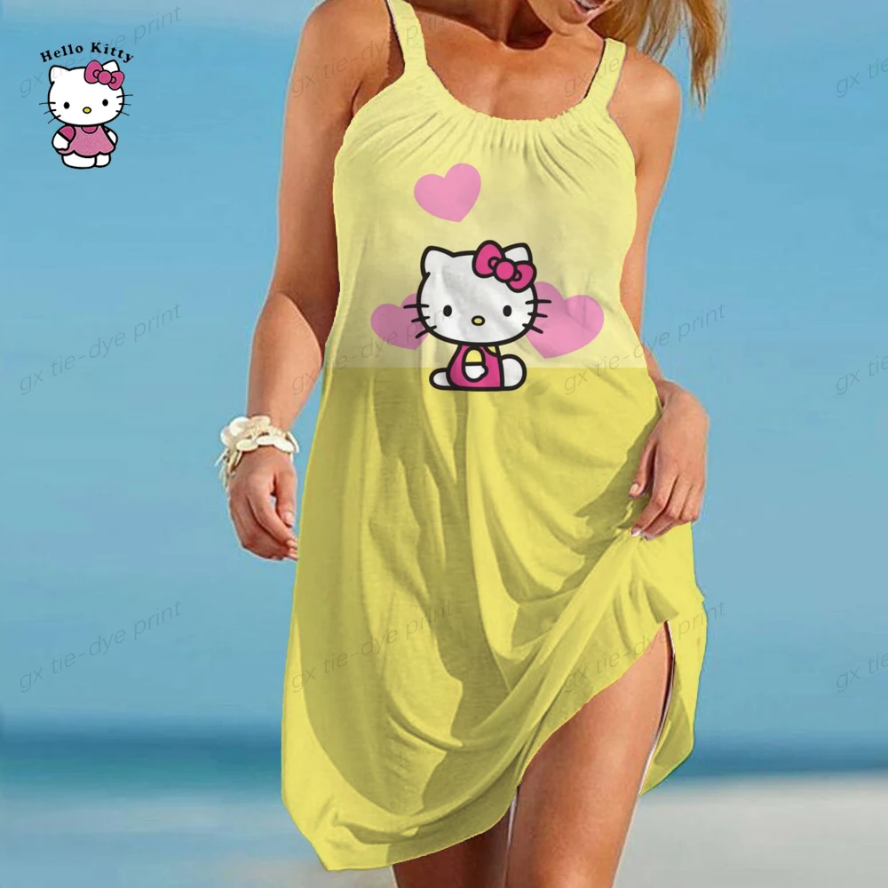 

Hello Kitty Print Sleeveless Dress Women Vacation Beach Mini Hawaiian Dress Boho O Neck Casual Fashion Slim Loose Dresses 2023