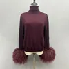 Women's Winter Sweater with Mongolian sheep Fur Cuff Lady Fashion High Collar Soft Warm 1