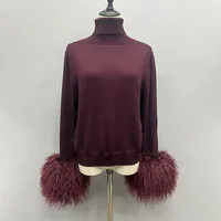 Women's Winter Sweater with Mongolian sheep Fur Cuff Lady Fashion High Collar Soft Warm 1