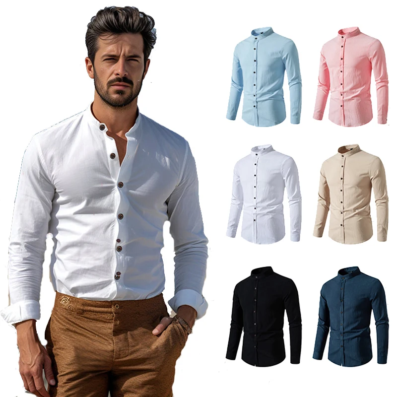 

2024 Vintage Mens Cotton Linen Shirt Long Sleeve Solid Crepe Fabric Medieval Casual Beach Shirt