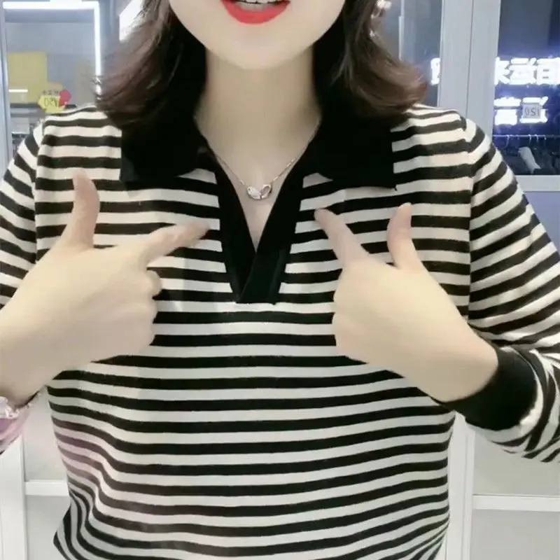 2023 Autumn and Winter Korean Version Casual Temperament Top Trend Stripe Print POLO Collar Long Sleeve Commuting Pullover Shirt