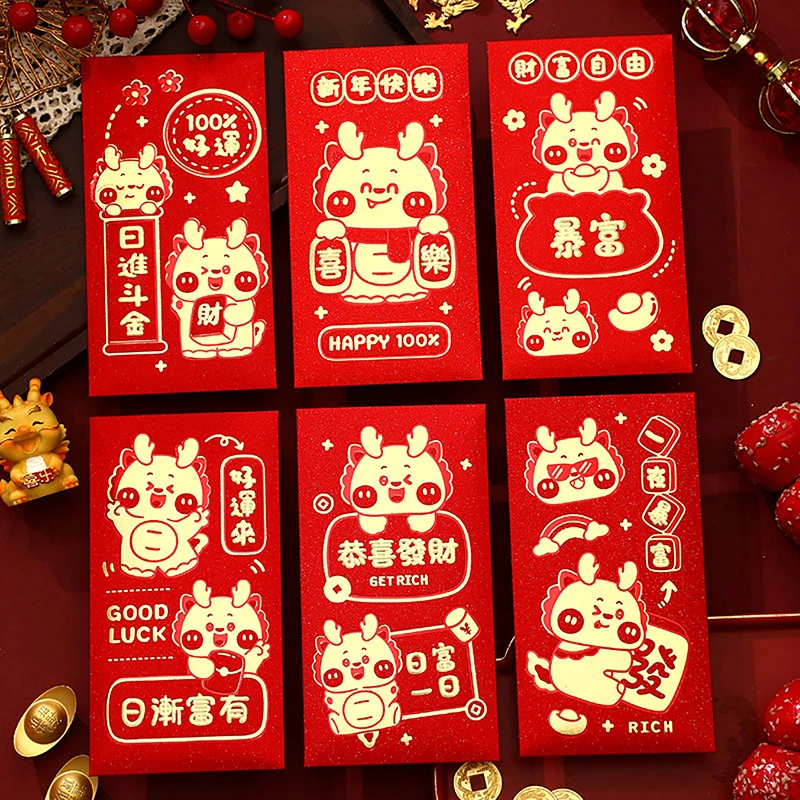 

6PCS Chinese New Year Red Packet 2024 Year Of The Dragon Cartoon Red Envelopes Lucky Money Bag Gift Envelopes Red Packet