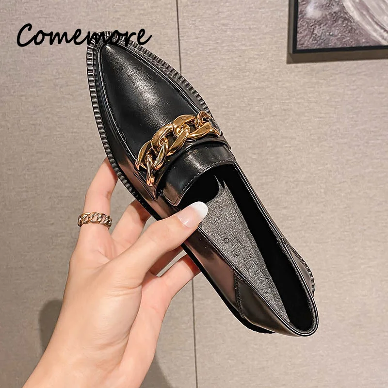 Comemore Plus Size 42 Oxford Shoes Woman Loafers Leather Flats Chains Sneakers Trend Girls Lolita Medium Heels Flats Spring
