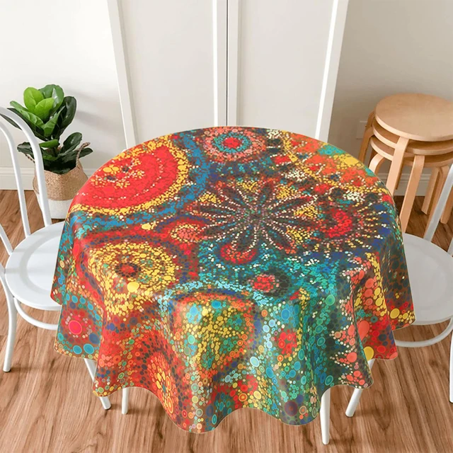 Nappe ronde en polyester à motif floral bohème, couverture de table circulaire, imperméable, pour document, terrasse, table à manger, grill pour la maison 5