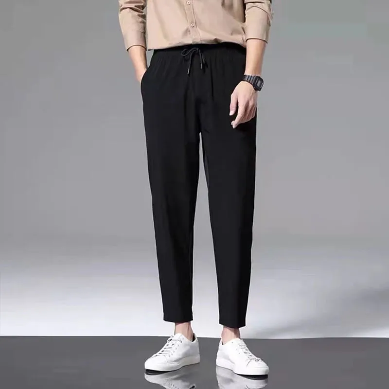 Spring Men Fashion Solid Color Elastic Waist Comfortable Casual Straight Cylinder Quick Drying Multicolor Ice Shreds Trousers