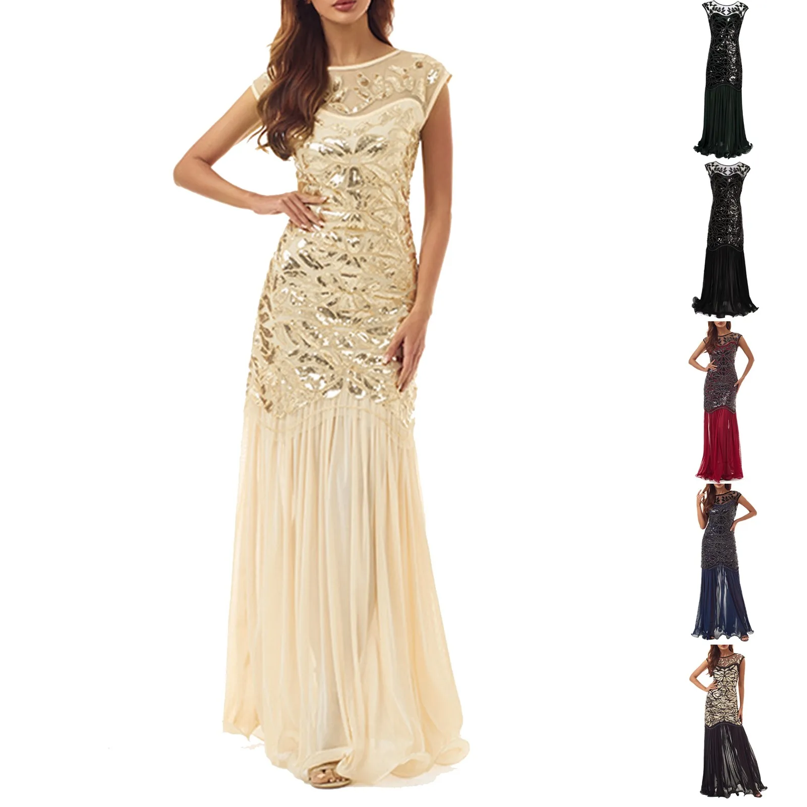 

Border Dress 1920 Retro Dress Beaded Mesh Sequin Evening Dress European And American Wedding Long sexy Office Ladies Vestido