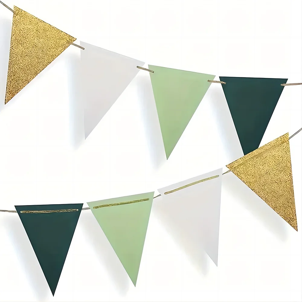 Triangular Flags 16pcs Gold And Green for Baby Bride Gift Party Birthday Party Wedding Party Banner