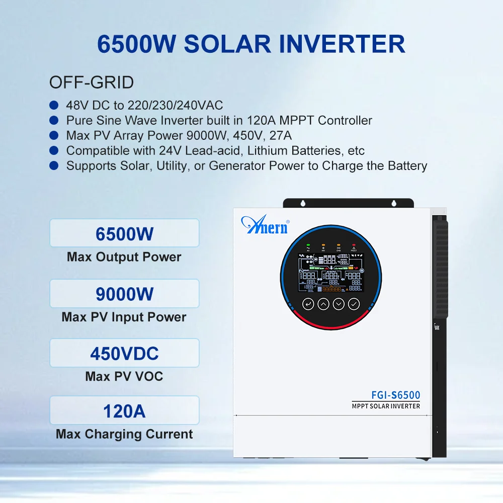 아너른 업그레이드 버전 5KW/ 6.5KW/ 12KW 하이브리드 태양광 인버터 오프그리드 MPPT 120A/160A 24V/48V 순수 정현파 태양광 인버터