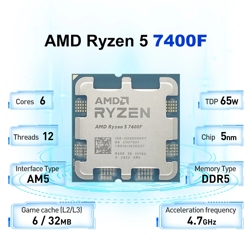 AMD Ryzen 5 7400F 3.7GHz 6-Core 12-Thread L3=32M Processor 65W R5 7400F Socket AM5 5NM DDR5 New but without cooler