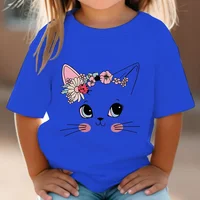 Summer Kids T Shirt Flower Cat Graphic Shirt Girls Floral Kitty Tops White Short Sleeve Wild Tee Cute Animal Cartoon Cat T-shirt 2