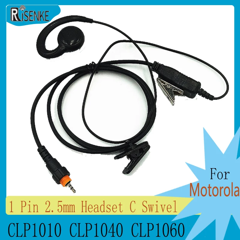 RISENKE-Earpiece with PTT for Motorola Radio CLP1010 CLP1040 CLP1060 Walkie Talkie, 1 Pin, 2.5mm Headset, C Swivel FBI Earphone