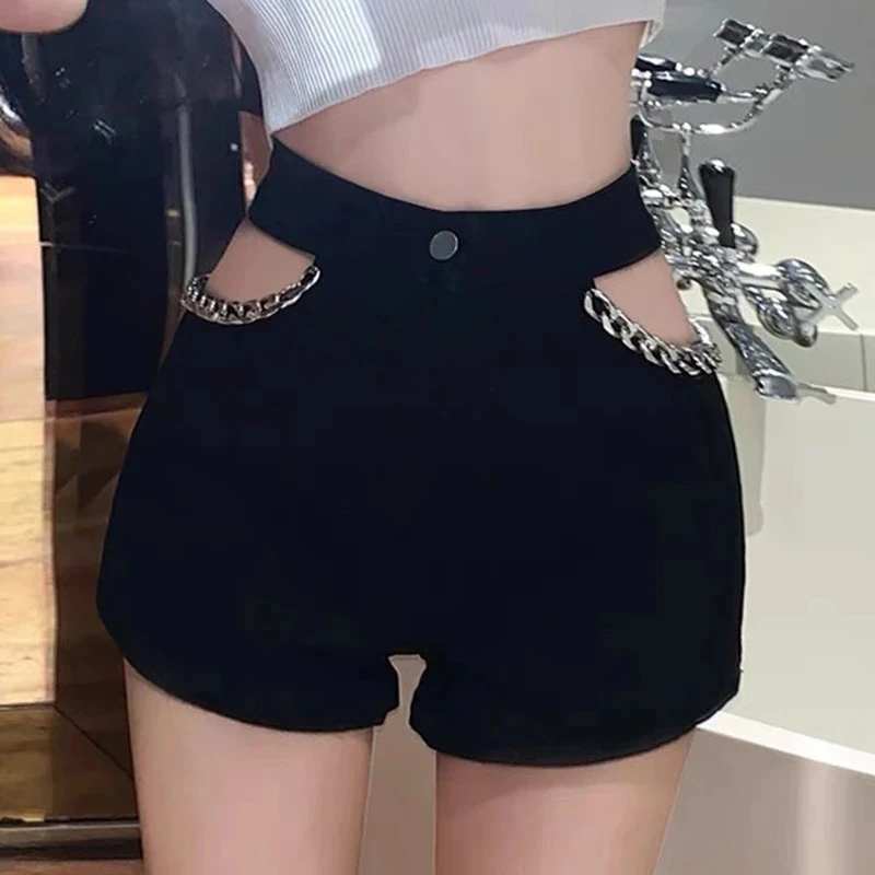 

Y2K Sexy Hollow Out Chain Denim Shorts Women Summer Harajuku Korean Black High Waist Slim Jeans Fashion All Match Streetwear 3Xl