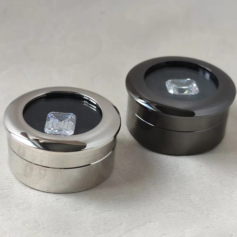 Black Round Diamond Display Box Stone Gem Storage Case Store Show Gemstone Organizer Silver Metal Diamond Gift Packaging Box