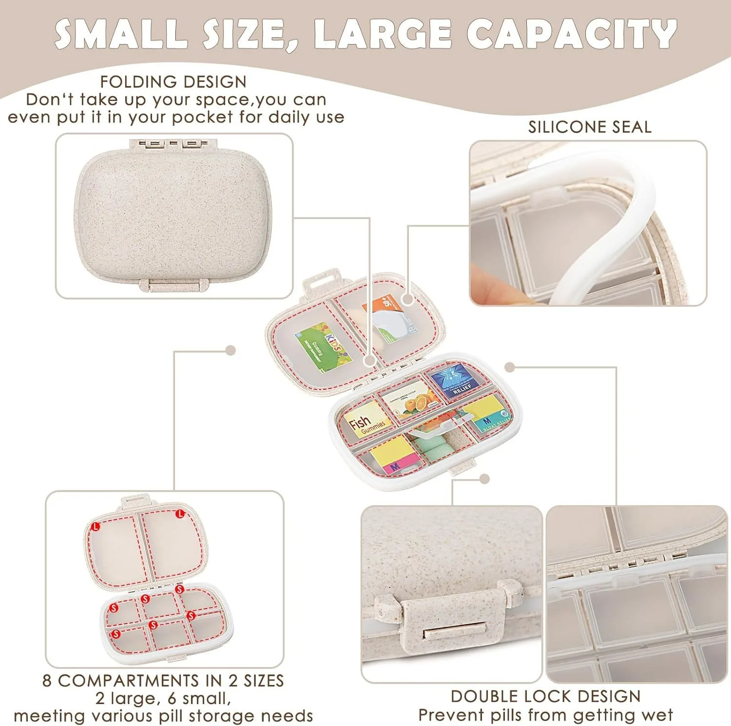 8-Compartment Pill Organizer with Labels - Portable Medicine Storage Case
