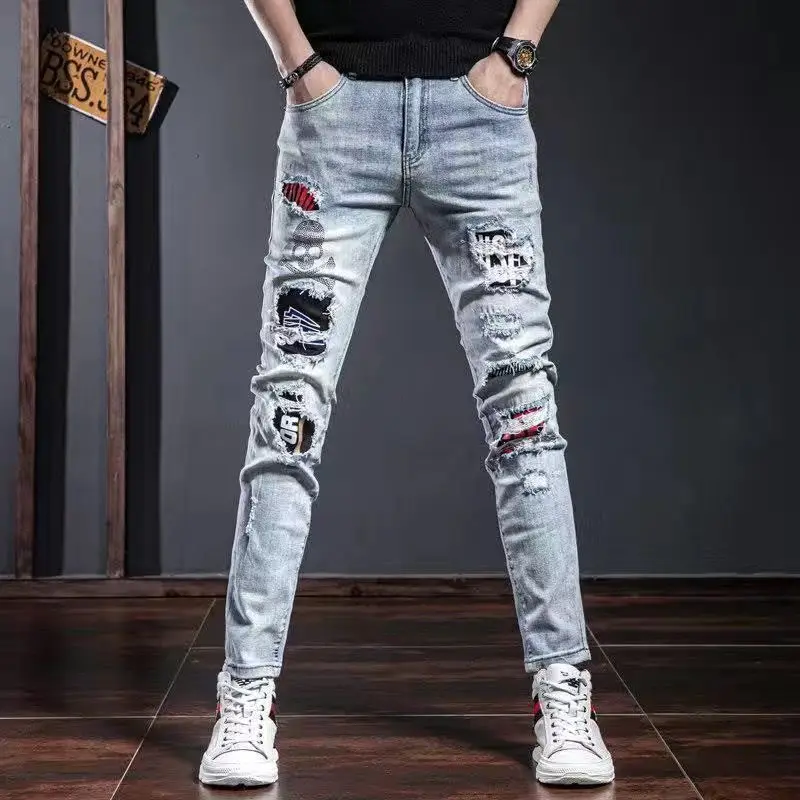 thumbnail image 1 of Pantalones vaqueros ajustados rasgados para hombre, rotos, con estampado, estilo vaquero, estilo retro, coreano, con agujeros, novedad, tallas S, 1 of 5