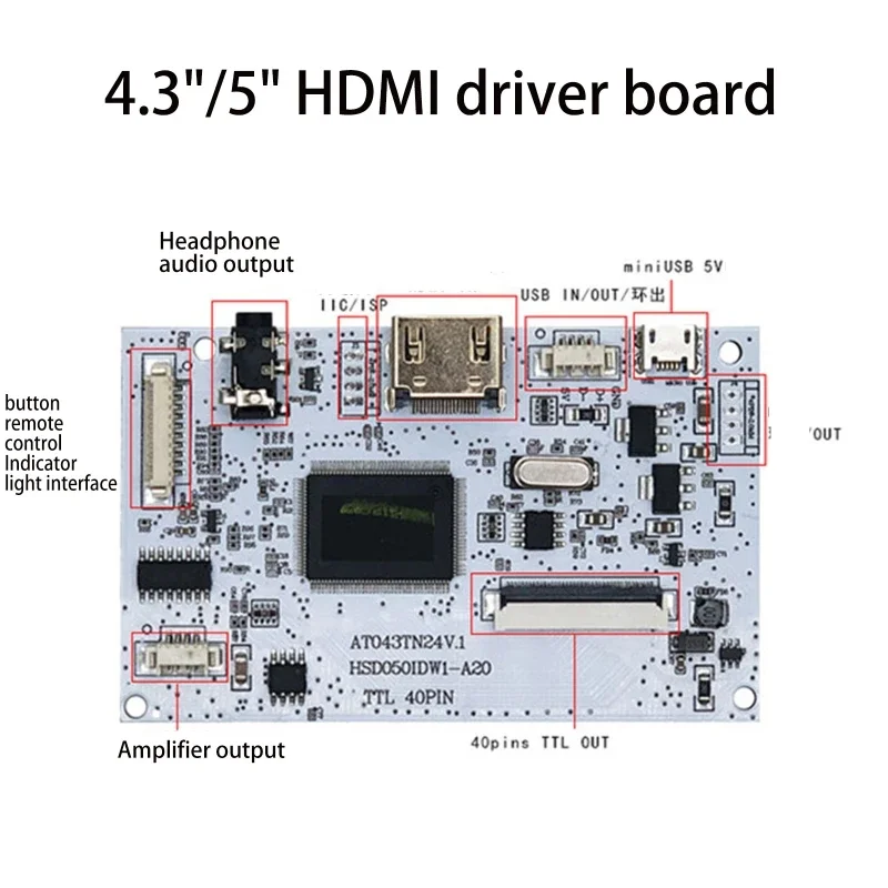 40핀 LCD 화면용 HDMI1.2 LVDS 제어 보드 스피커 이어폰 AT043TN24 V.1 480(RGB)×272 HSD050IDW1 RGB ×480