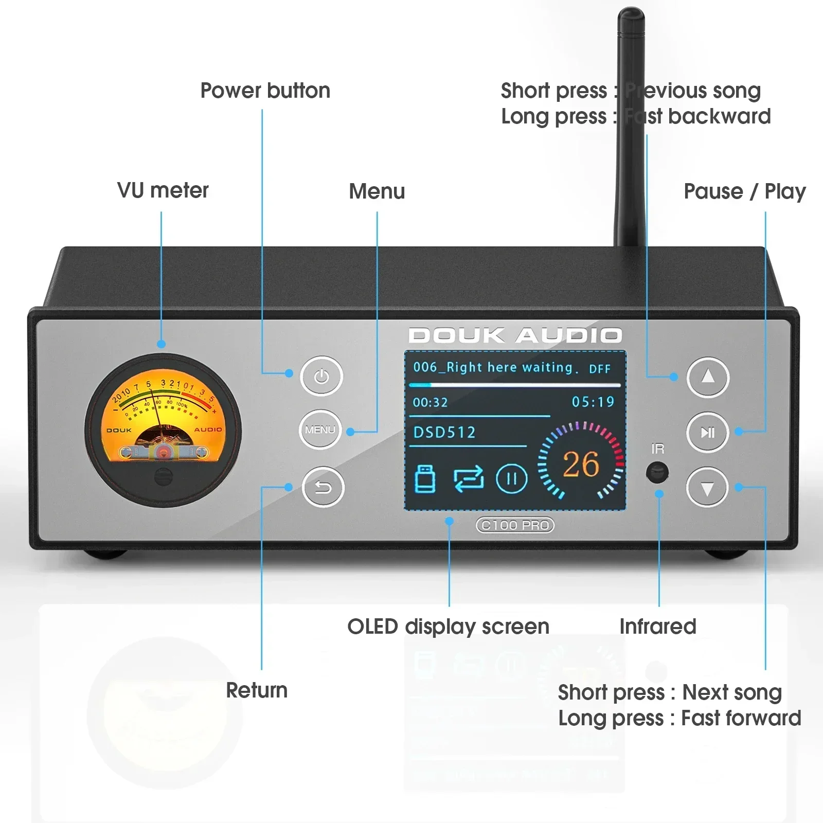 Douk Audio C100 PRO HiFi Bluetooth 5.0 디지털 ESS9038 프리 앰프 OLED 디스플레이 스 트리머 USB 플레이어 DSD512 (VU 미터 포함)