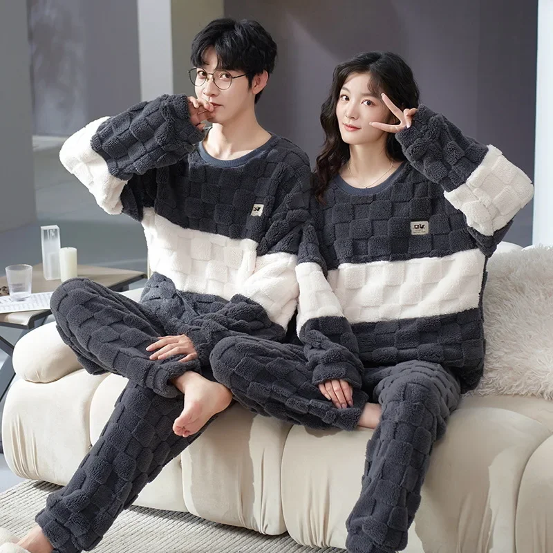زوجين المرجان الصوف الفانيلا منامة سميكة ملابس المنزل مجموعة لخريف شتاء دافئ ملابس خارجية المتاحة الرجال النساء