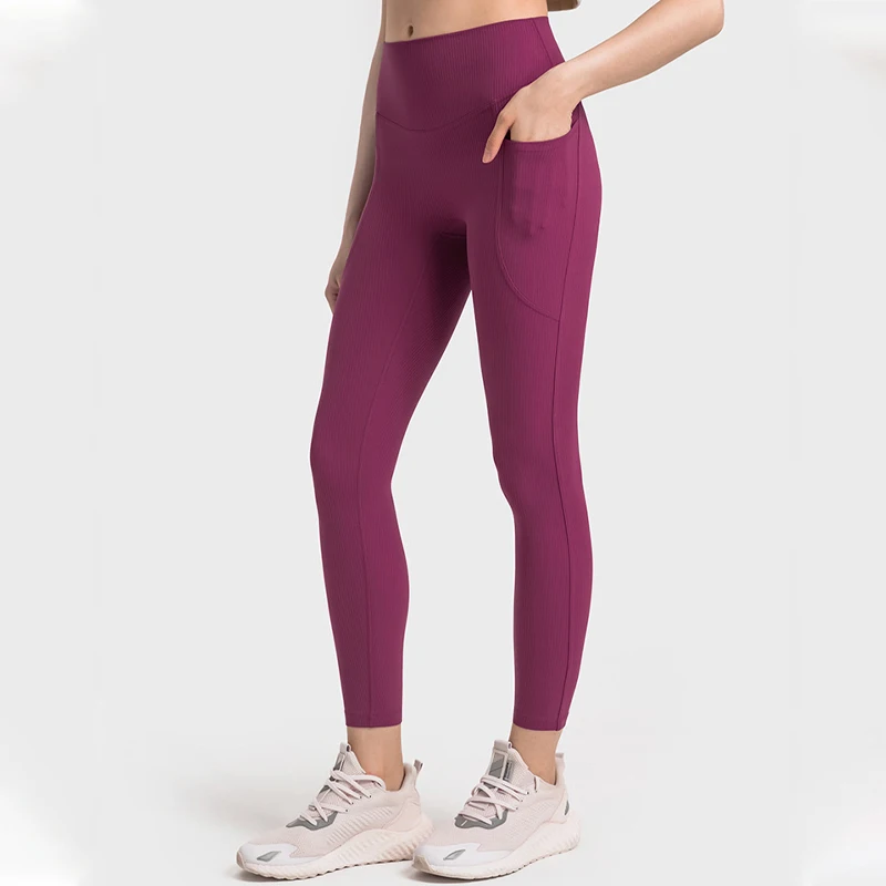 

Wyplosz Women'S Pants Clothing Gym Ribbed Leggings Push Up Fitness Sports Compress Yoga Seamless Nude Stripping Thread Pocket