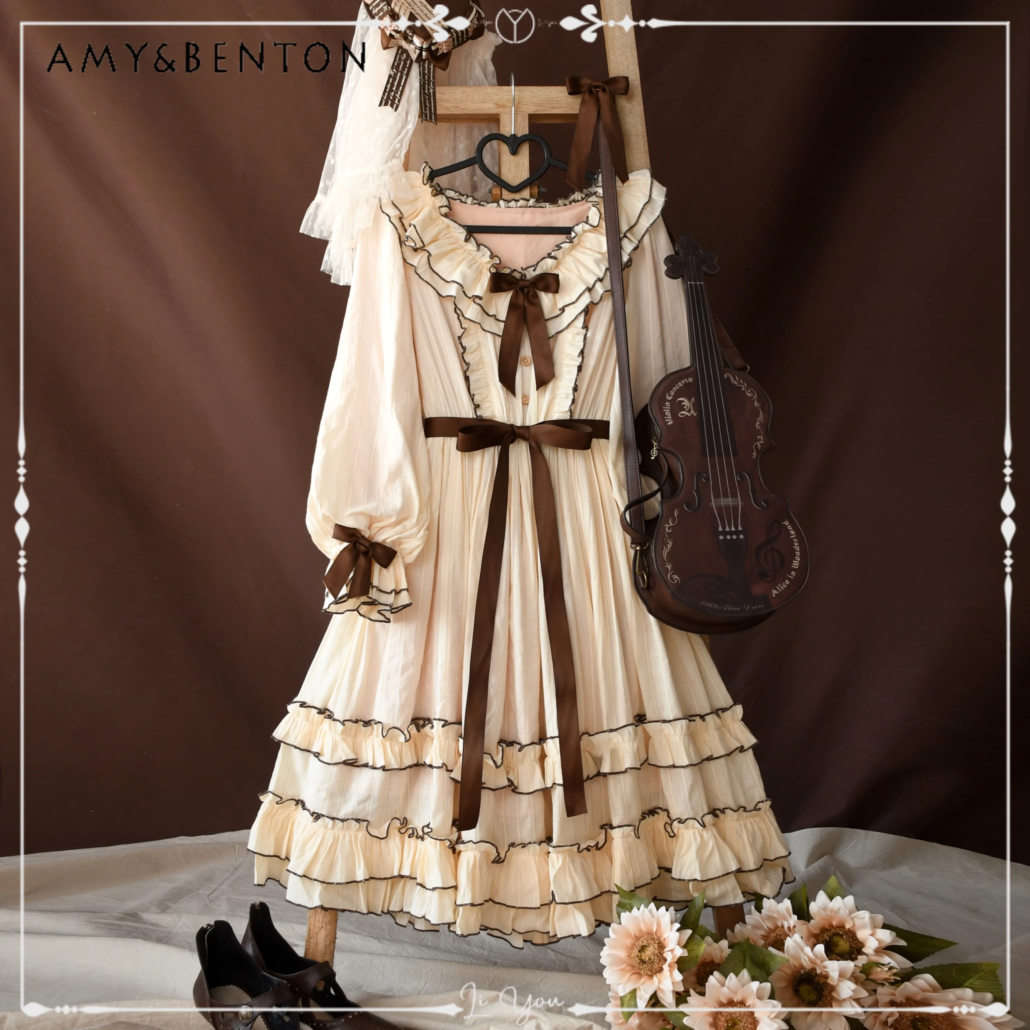 

Autumn New Japanese Sweet Cute V-neck Lantern Sleeve Dresses High Waist Lace-up Loose Slim Elegant Dress Ladies' Princess Dress