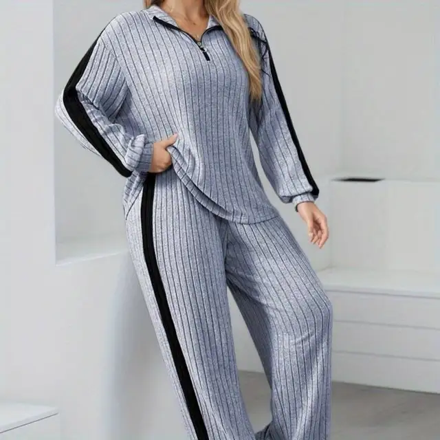 Elegant Casual 2-Piece Suit | Zipper Collar Long-Sleeve Top & Wide-Leg Pants, Soft Skin-Friendly , Trendy Daily Wear
