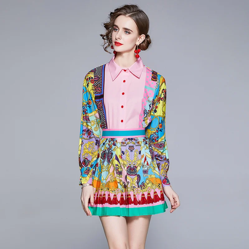 Women Fashion Luxury Print Shirt Top + Pleated Mini Skirt New 2024 Spring Autumn Vintage Long Sleeve Buttons Party 2 Piece Sets spring autumn fake two pieces pleated buttons robe femme long sleeve elegant fashion patchwork vestido women casual a line dress