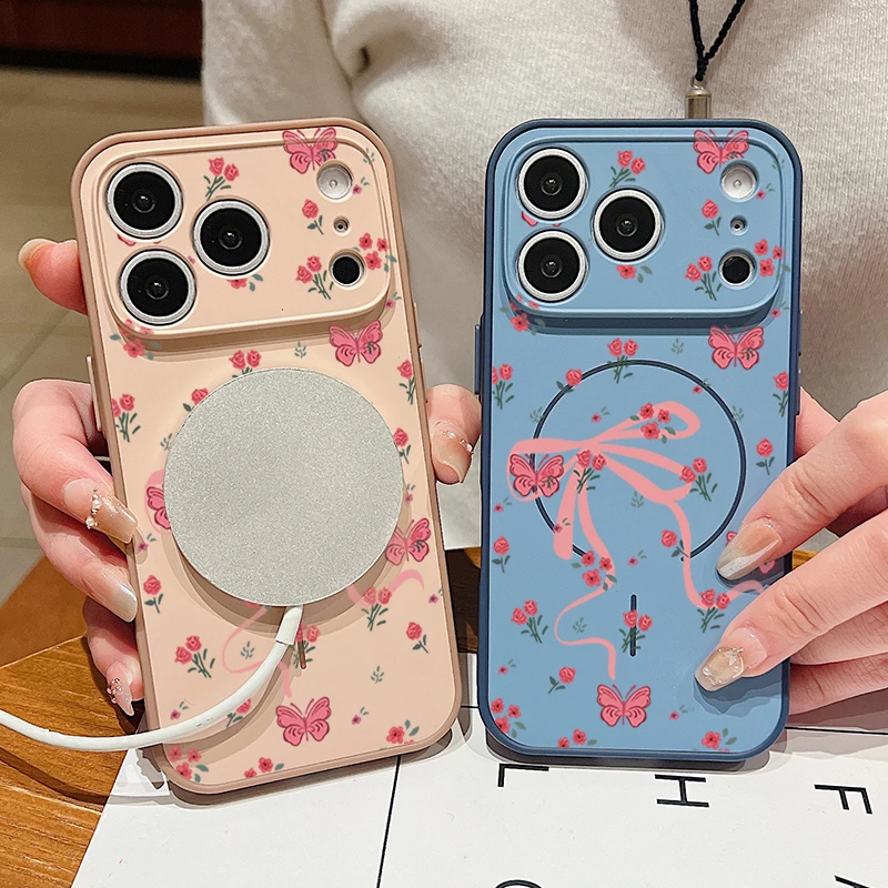 Pink Bow Rose Print Magnetic Phone Case with MagSafe Compatibility - TPU & PC Back Cover