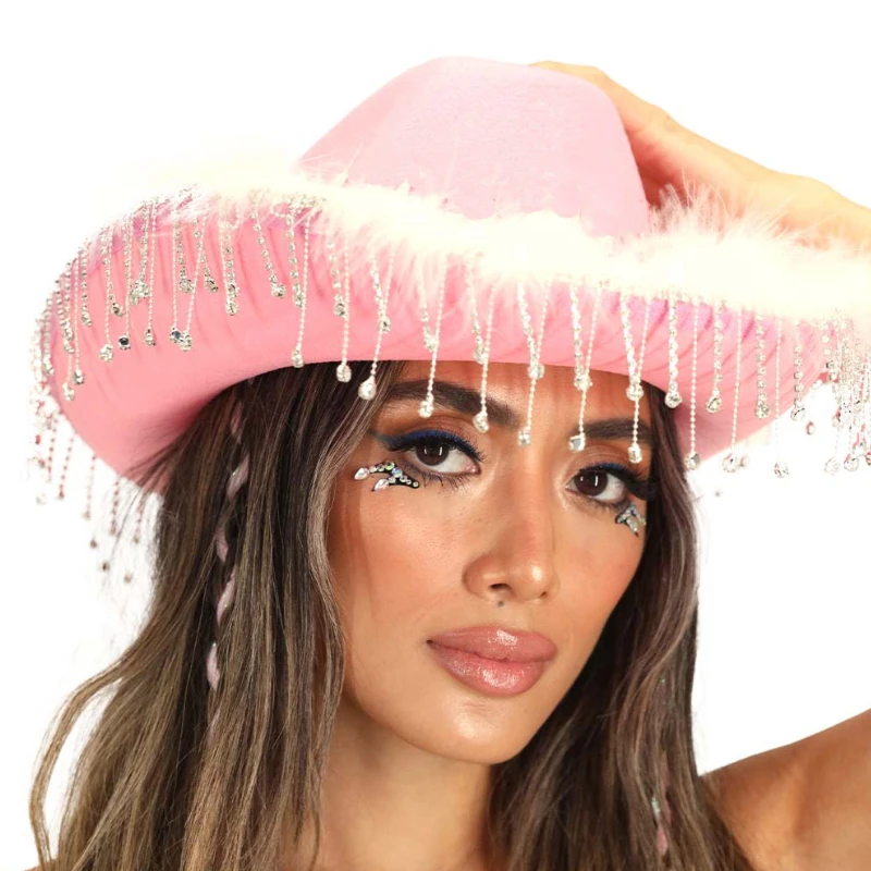 Dourbesty Rhinestone Tassel Cowboy Hat y2k Party E-girls Casual Feather Star Print Caps Vintage Royal Court Style Elegant Hats cowboy hats cowgirl hats